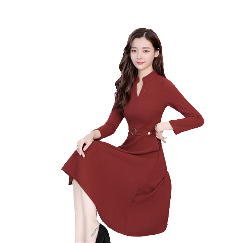 Korean Casual Dresses V-neck three-quarter sleeve Knee-length dress Elastic slim Waist Belt Pockets pleated sexy red green patchwork dresses-image-411761556