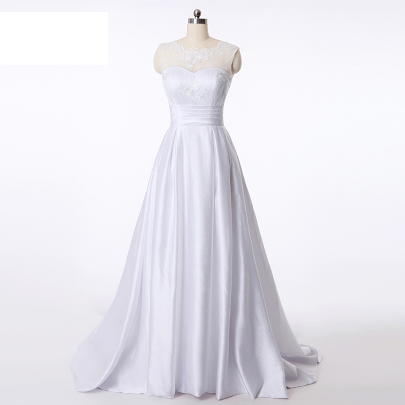 

2018 Sexy Cheap Stock A-Line White V Neck Satin Wedding Dresses With Appliques Floor-Length Plus Size Wedding Party Bridal Gowns QC1148