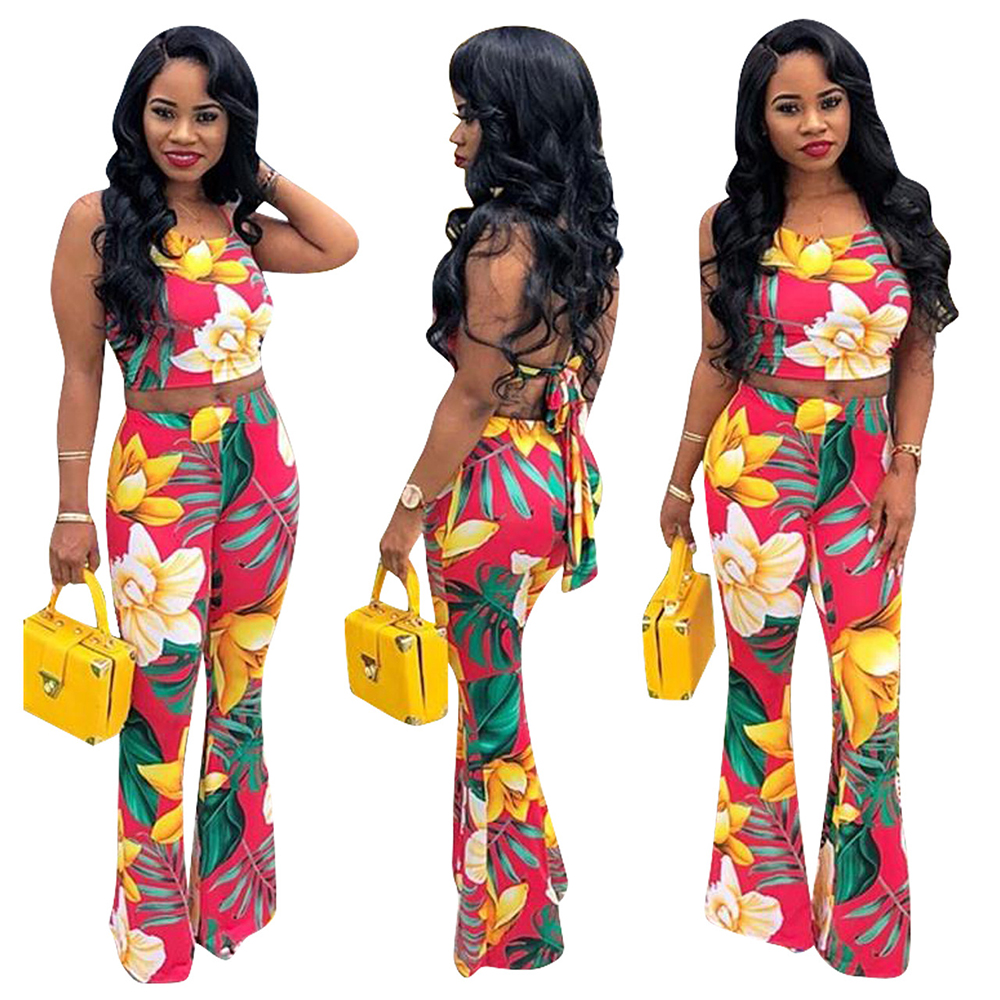 

Floral Print 2 Piece Set Women 2018 Summer Two Piece Top and Pants F0037 Backless Flare Leg, Colorful