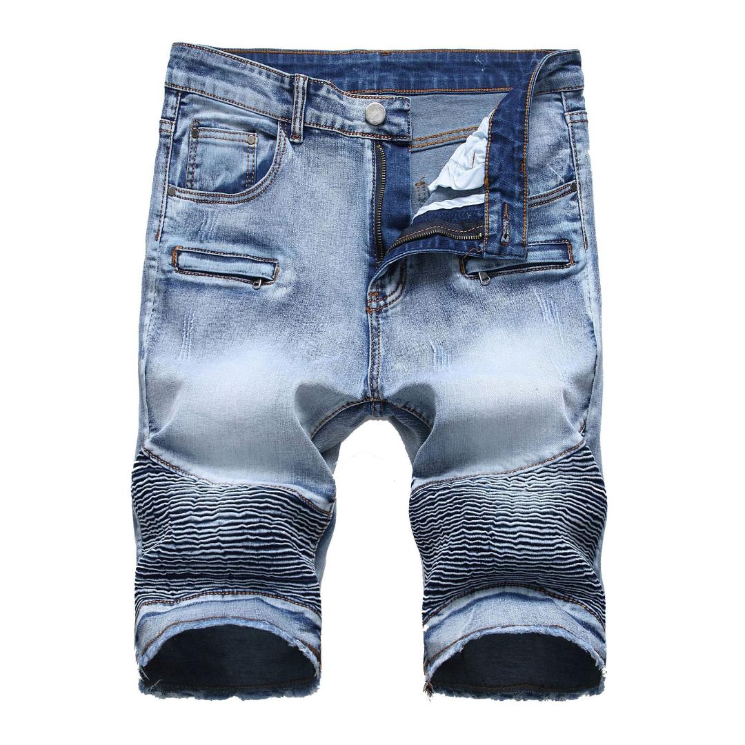 

QMGOOD Large Size Men's Retro Striped Pleated Ripped Jeans Summer Shorts Biker Slim Straight Denim Shorts for Male Short Jeans, No5