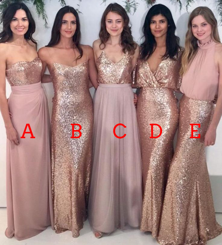 

Sequined Bridesmaid Dresses Sheath Mixed Styles Dusty Pink Gold Bridesmaid Dress Wedding Party Guest Maid Of Honor GownsMB063
