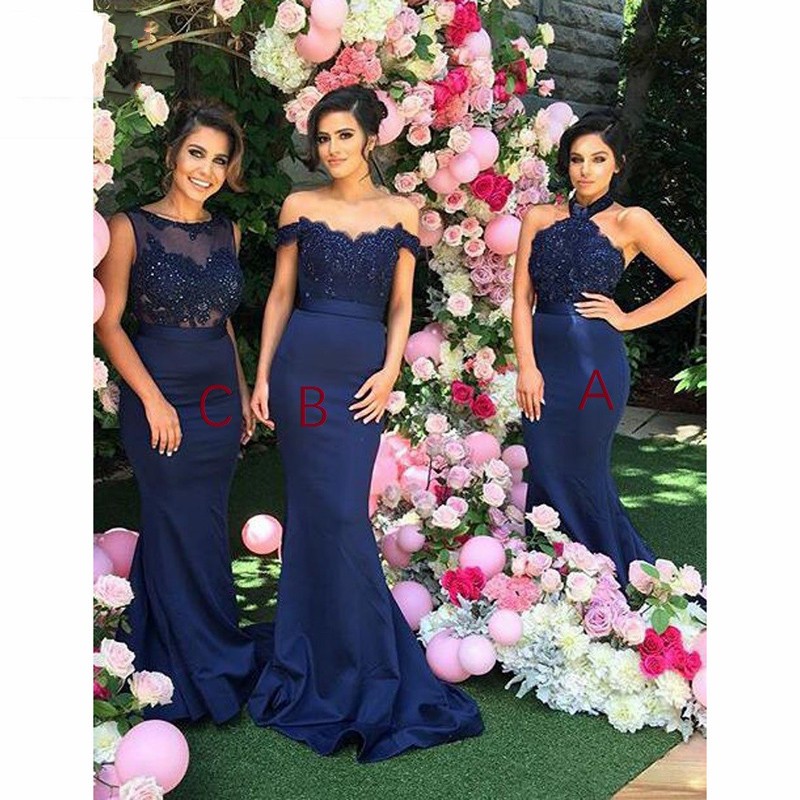 2019 Hot Navy Blue Bridesmaid Dresses Long Custom Made Off Shoulder Applique Beads Chiffon Wedding Guest Dress Bridal Wedding Gowns