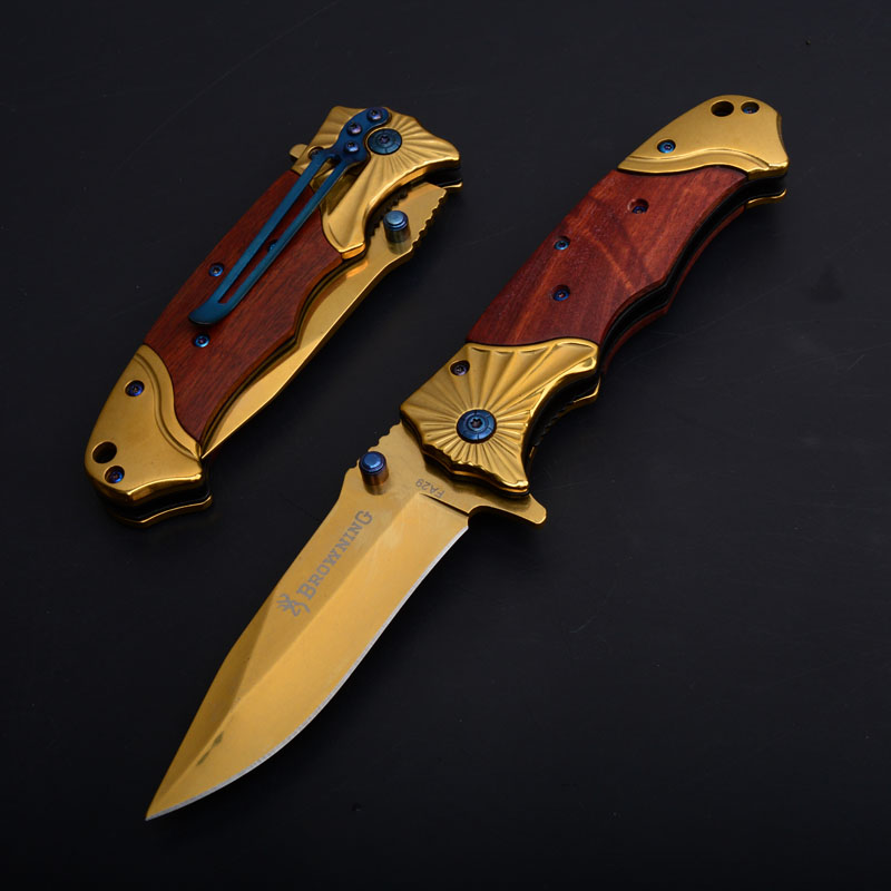 

Browning FA29 Flipper Tactical Folding Knife 5Cr15Mov 58HRC Wood Handle Outdoor Camping Hunting Survival Pocket EDC Tools Gold