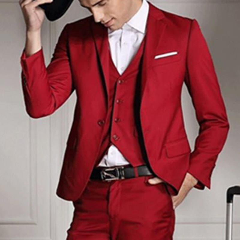 Three Piece Red Evening Party Men Suits Blazer 2018 Notched Lapel Three Piece Wedding Groom Tuxedos (Jacket + Pants + Vest )