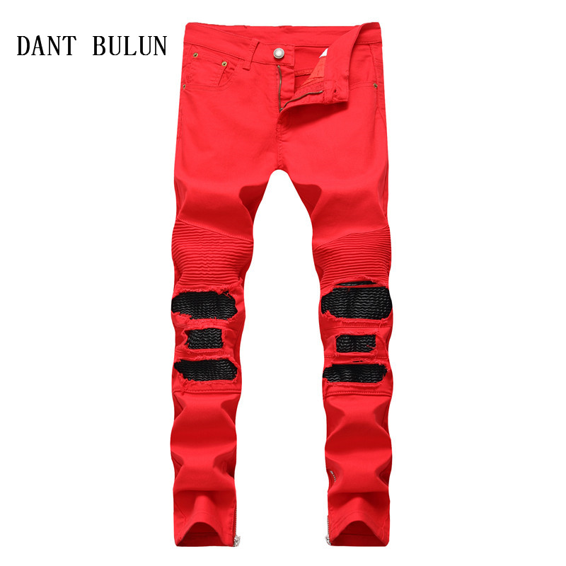 

Men Jeans Pantcwork Ripped Tapered Knee Leather Biker Jeans Fashion Casual Hip Hop Zipper Red Black Pants,6604