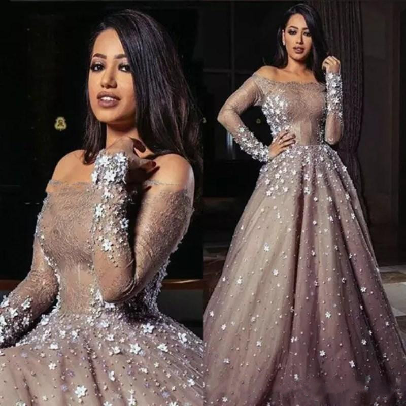 

Luxury Lace Applique Beaded Evening Dresses Ball Gown Off Shoulder Long Sleeve Gowns Formal Prom Party Dress, Water melon