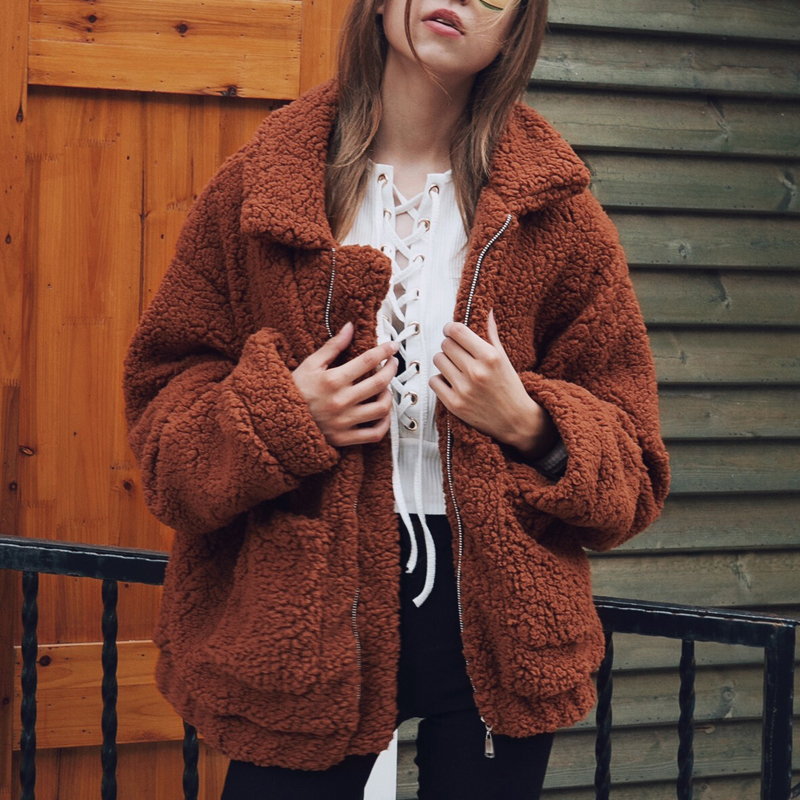 Les femmes en laine d'agneau en fausse fourrure Manteau de poche Shaggy Veste 2018 chaud Zipper Cardigan Automne Hiver Bomber vêtement Plus Size