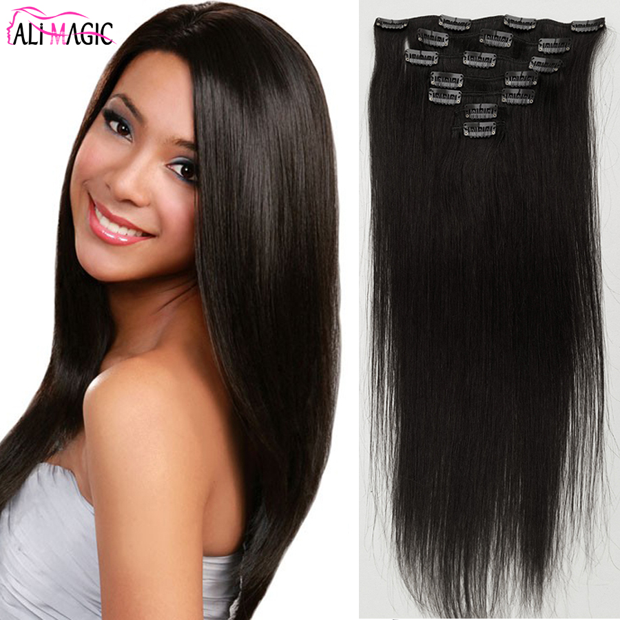 

Clip Hair Pieces Double Drawn European Remy Human Hair Silky Straight Full Head Clip in Hair Extensions 7pieces 12inch-26inch Natural Color