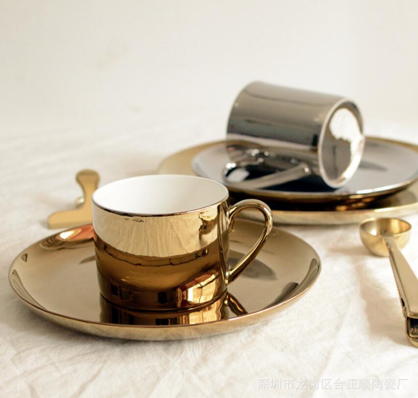 

Gold silver plate ceramic tray wedding decoration electroplated coffee cup