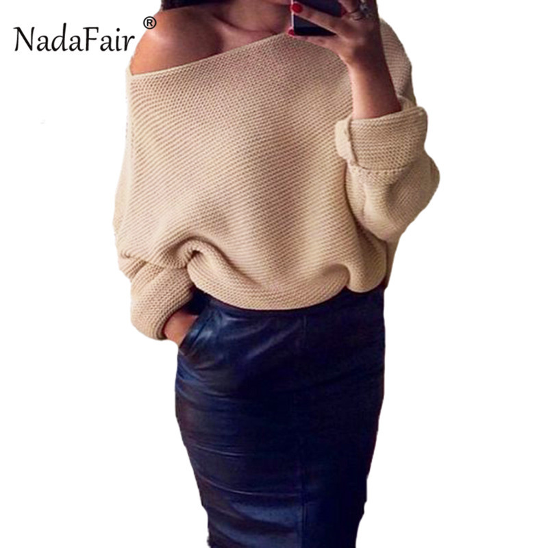 

Nadafair sexy off shoulder loose knitted sweater women 2018 autumn winter slim solid casual sweater female knitting jumper tops S18100902, White