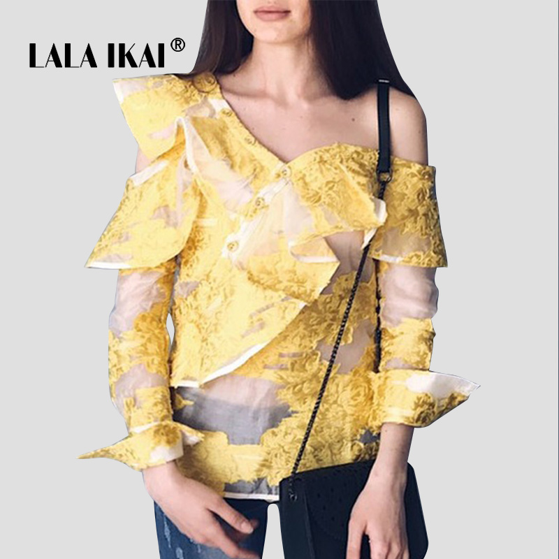 

New Summer Blouse Shirts Women Long Sleeve Asymmetric Neckline Frill Shirts Ladies Ruffle One Shoulder Top Blusa Mujer SWC0271 4, Yellow