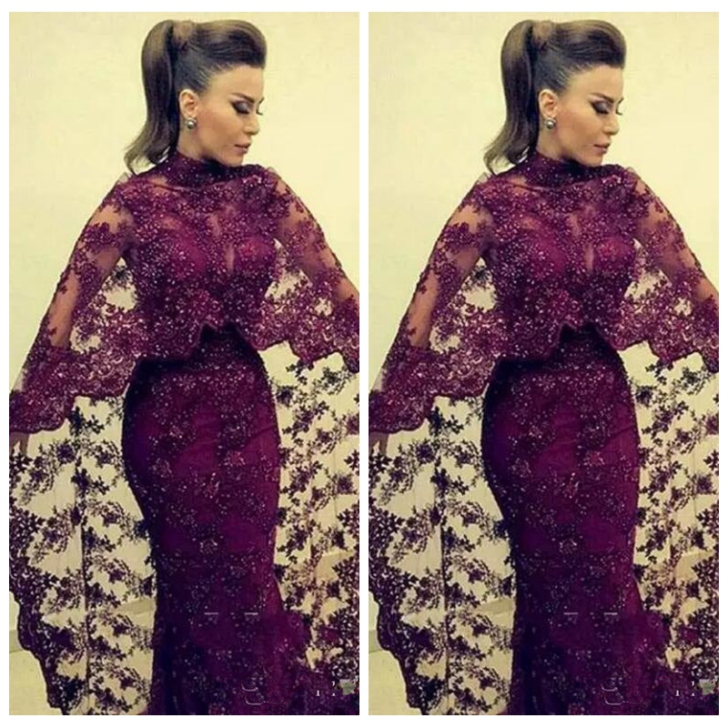 

Elegant Burgundy Lace Dresses Evening Wear High Neck Appliques Formal Occasion Dress Muslim Arabic Celebrity Prom Party Gowns, Choose from color chart