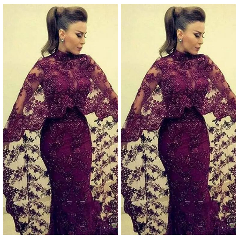 

Elegant Burgundy Lace Dresses Evening Wear High Neck Appliques Formal Occasion Dress Muslim Arabic Celebrity Prom Party Gowns, Choose from color chart