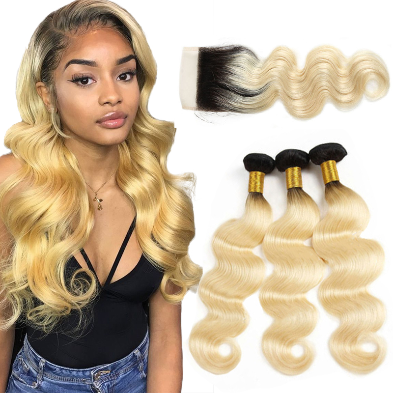 

Peruvian Body Wave Ombre 613 Blonde hair Lace Closure Body wave human hair bundles with lace Closure Body wave Virgin human hair extension, 1b-613