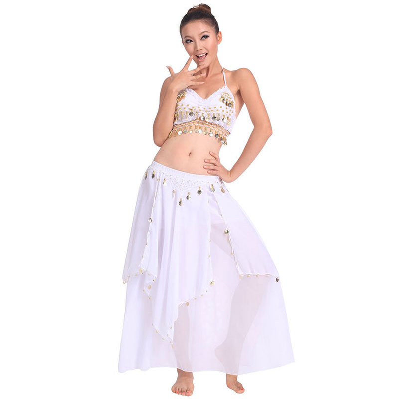 Belly Dancing Stage Performance Oriental Belly Dancing Clothes 2pieces Suit Top Shirt + Skirt Dance Costume Set White-image-425795319