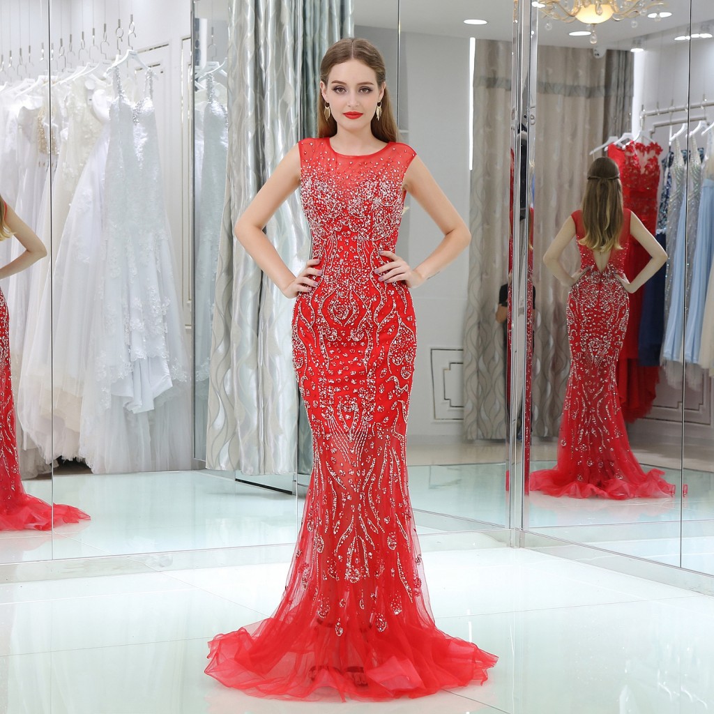 

Sexy Mermaid Evening Dresses High Quality Major Beading Sequins Sweep Train Long Prom Dresses Open Back Formal Gowns, Red