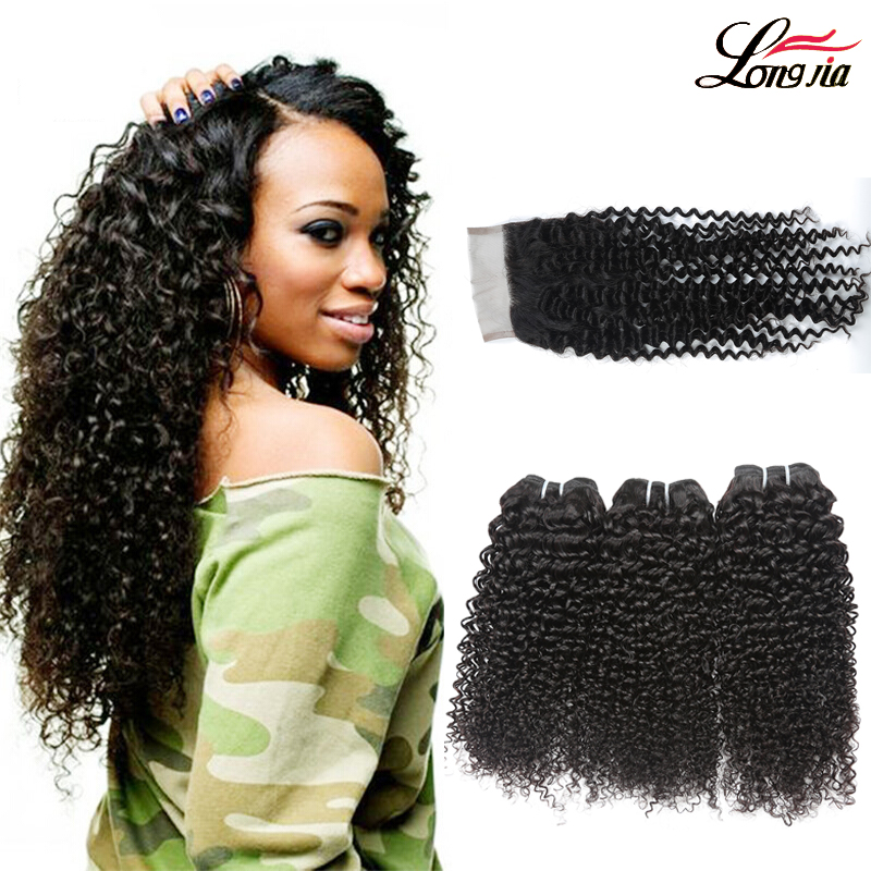 

Kinky Curly Weave Human Hair Bundles with Lace Closure Malaysian Hair Weave 3 Bundles with Closure Curly 3/4 Bundles Virgin Human Hair, Middle part