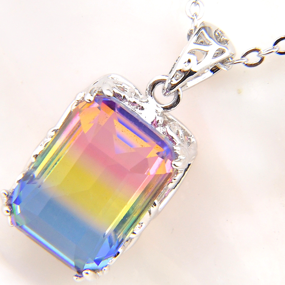

12 pcs/lot For Women Rectangle Gradient Rainbow Bi-Colored Tourmaline Gift 925 sterling Silver Necklace Pendants Jewelry 10*14 mm