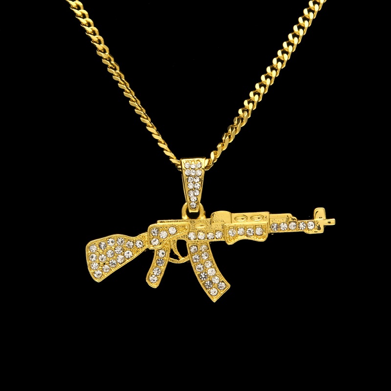 

Gold Iced Out AK47 Pendant Necklace For Mens New Fashion Hip Hop Jewelry Gold Cuban Link Chain Necklace