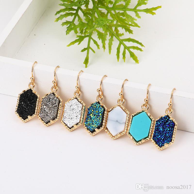 

Silver & Gold Hexagon Drusy Druzy Stone Earrings Glittery Acrylic Drusy Geometry Chandelier Earring Various 14 Colors Best for Lady Grace