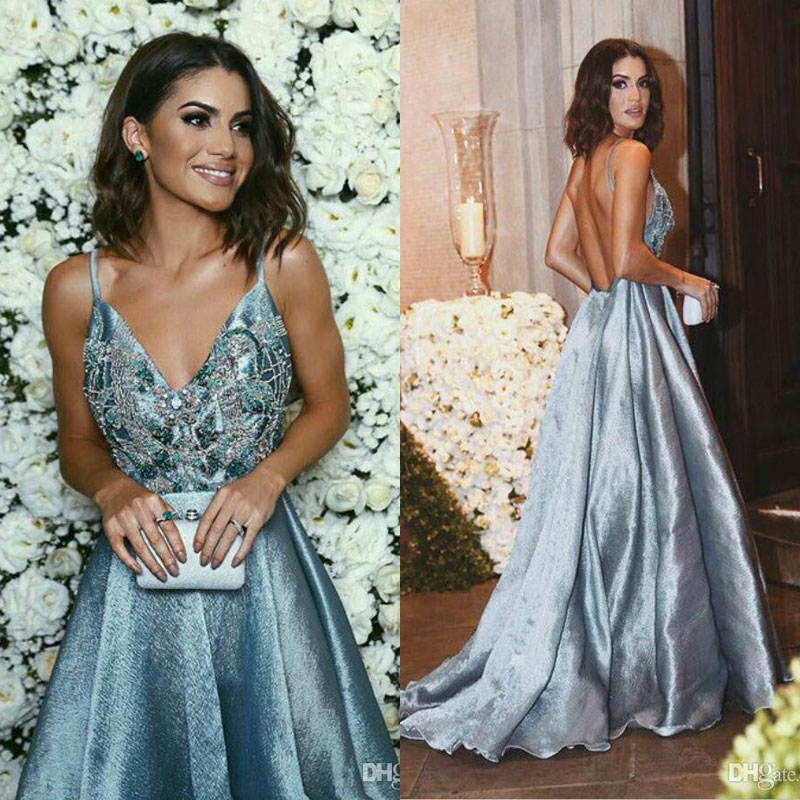 

Sexy Beads Backless Prom Dresses 2018 Satin Applique Spaghetti Sleeveless Formal Dresses Evening Wear Plus Size Party Gowns, Silver