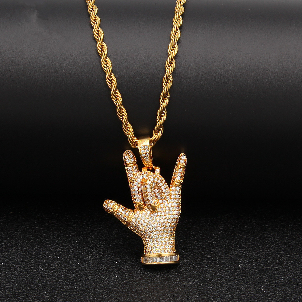 

Hip Hop Iced Out I Love You Gesture Pendant Necklace Gold Silver Plated Micro Paved Zircon Ice Jewelry for Women Gift