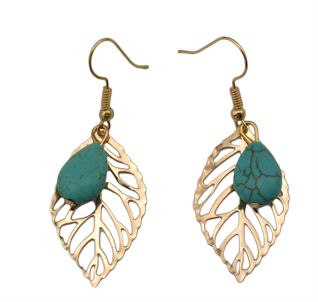 

idealway New In Style Bohemian New Bohemia Fashion Gold Plated Turquoise Beads Leaf Dangling Earrings Jewelry, Silver