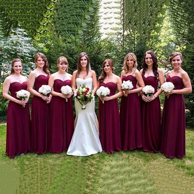 

Charming Sweetheart Burgundy Chiffon Long Bridesmaid Dresses Custom Made Prom Party Dresses Formal Bride Dresses Plus Size Bridesmaid Gowns