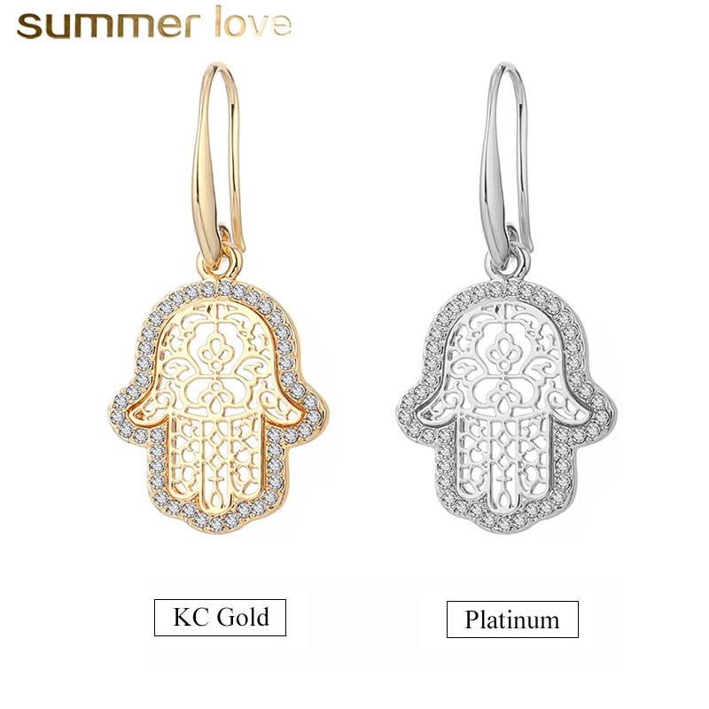 Nouvelle Arrivée Style Punk Style Gold Crystal Copper Drop Boucle d'oreille pour femmes Hamsa Main Fatima Palm Fashion Dangle Boucle d'oreille Un