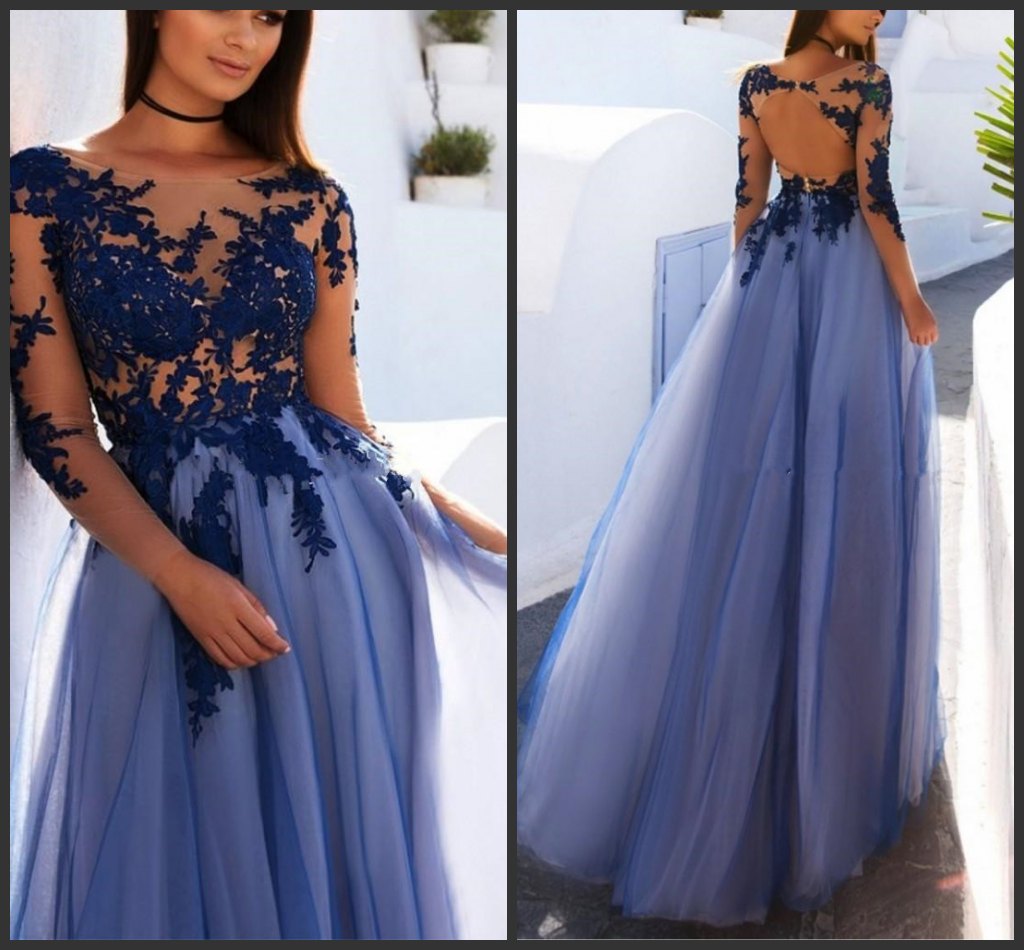 

2019 New Long Sleeves Evening Dresses Sheer Neck Illusion Bodice Appliques Tulle Floor Length Backless Prom Dresses Royal Blue Evening Gowns