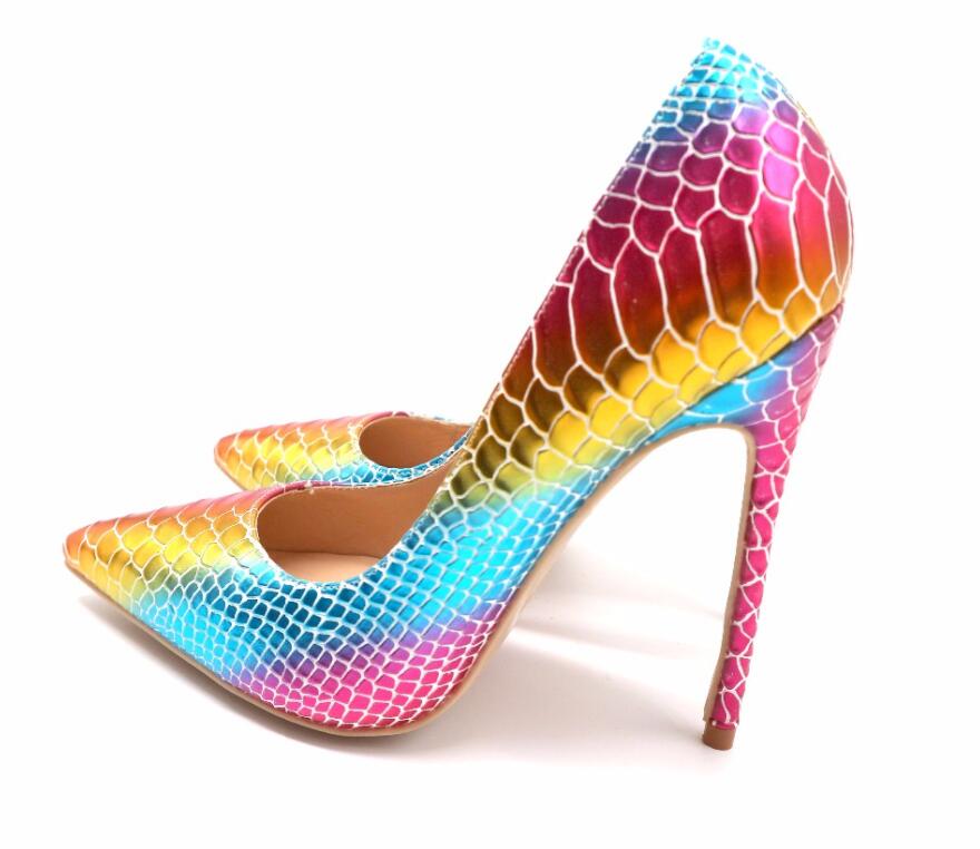 

Free shipping real photo genuine leather Gradient Color Rainbow Point toe snake printed lady high heel shoes pump size 33-43 12cm 10cm 8cm, Rainbow 8cm