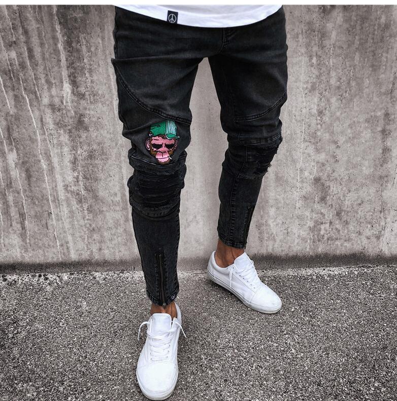 

2019 Men Stylish Ripped denim Pants Biker Skinny Slim Straight Frayed Denim Trousers New Fashion skinny jeans trousers, Black