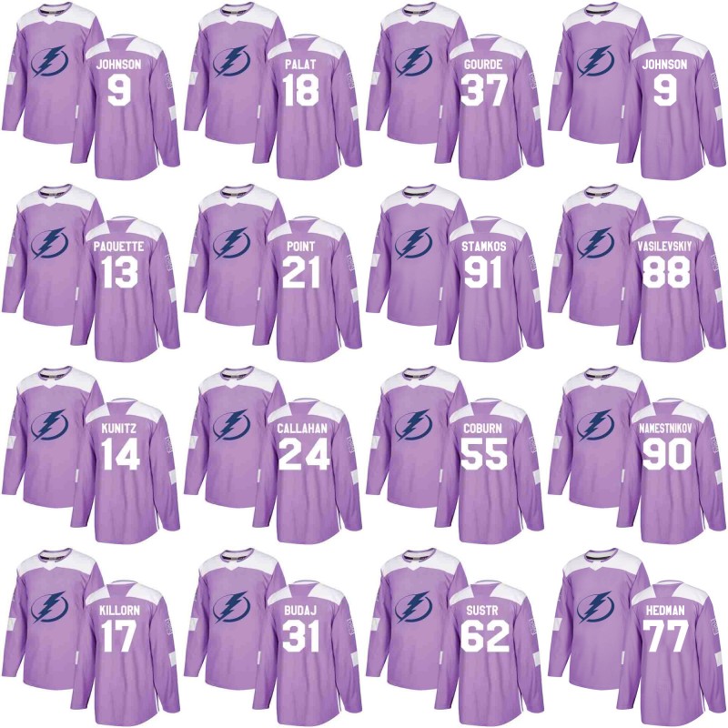 

Tampa Bay Lightning Jersey Purple Fights Cancer Practice 21 Brayden Point 77 Victor Hedman 86 Nikita Kucherov 91 Steven Stamkos Jerseys, 24 ryan callahan