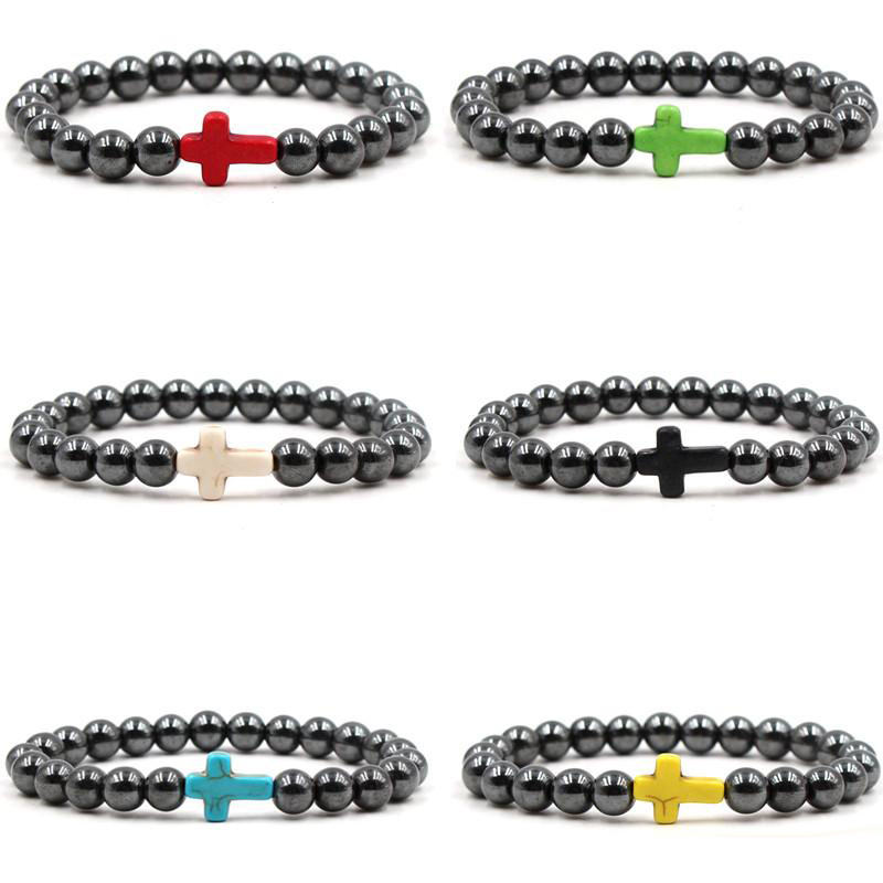 

New Fashion Hematite Magnetic Bracelets 8mm Cross Bracelets Turquoise Cross Elastic Bangles For Unisex Gift