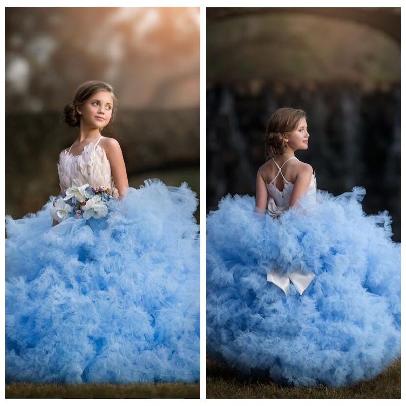 

2021 New Design Puffy Tulle Ball Gown Girls Pageant Dresses Feather Adorned Beaded Bow Soft Tiered Flower Girls Dresses For Kids Party Gowns, White