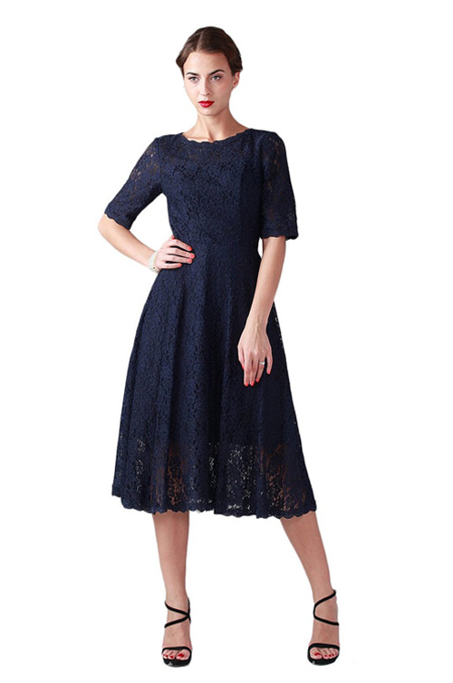 

Dark Navy Blue Modest A Line Short Mother Of The Bride Dress Lace Tea Length Custom Made Vintage Half Sleeve Party Gowns