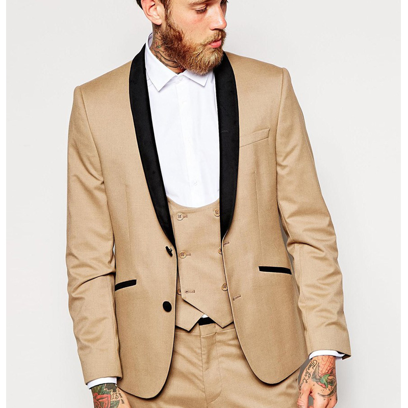 

Three Piece Wedding Party Brown Men Suits for Groom Wear 2018 Casual Black Lapel Wedding Groom Tuxedos (Jacket + Pants + Vest), Same as image