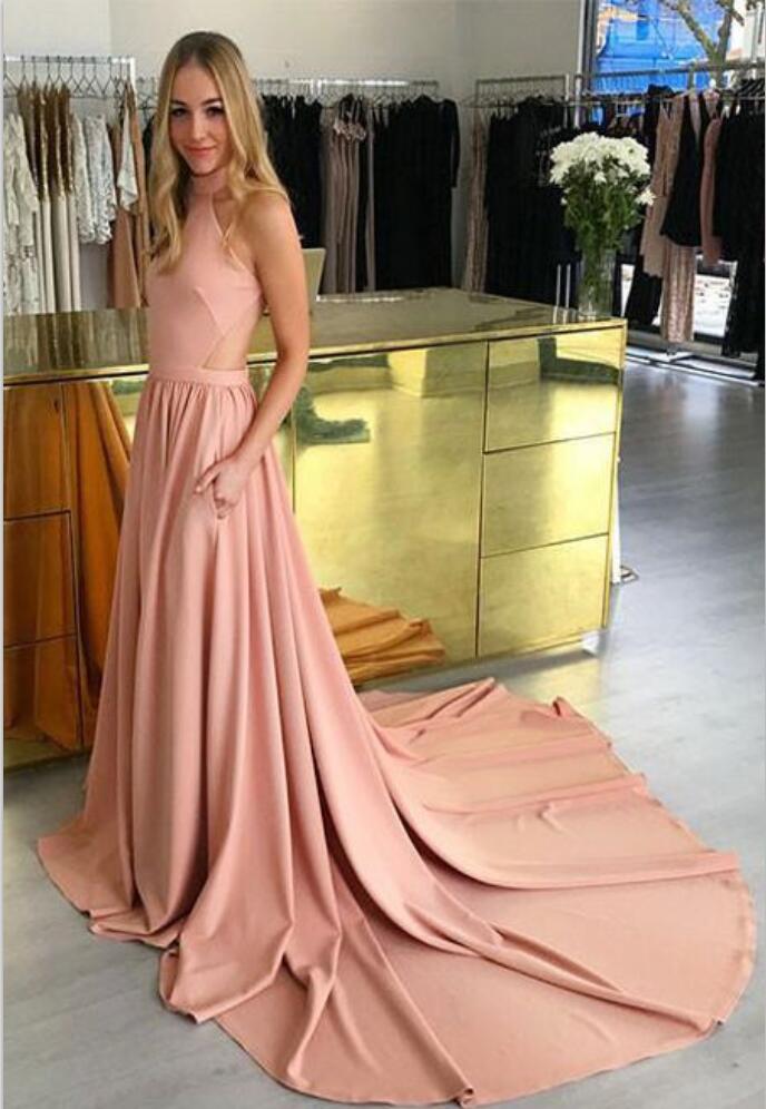 

High Neck A-Line Evening Dresses Long Simple Jersey Material Evening Gowns with Pockets Open Back Straps Prom Dresses Gowns, Pink