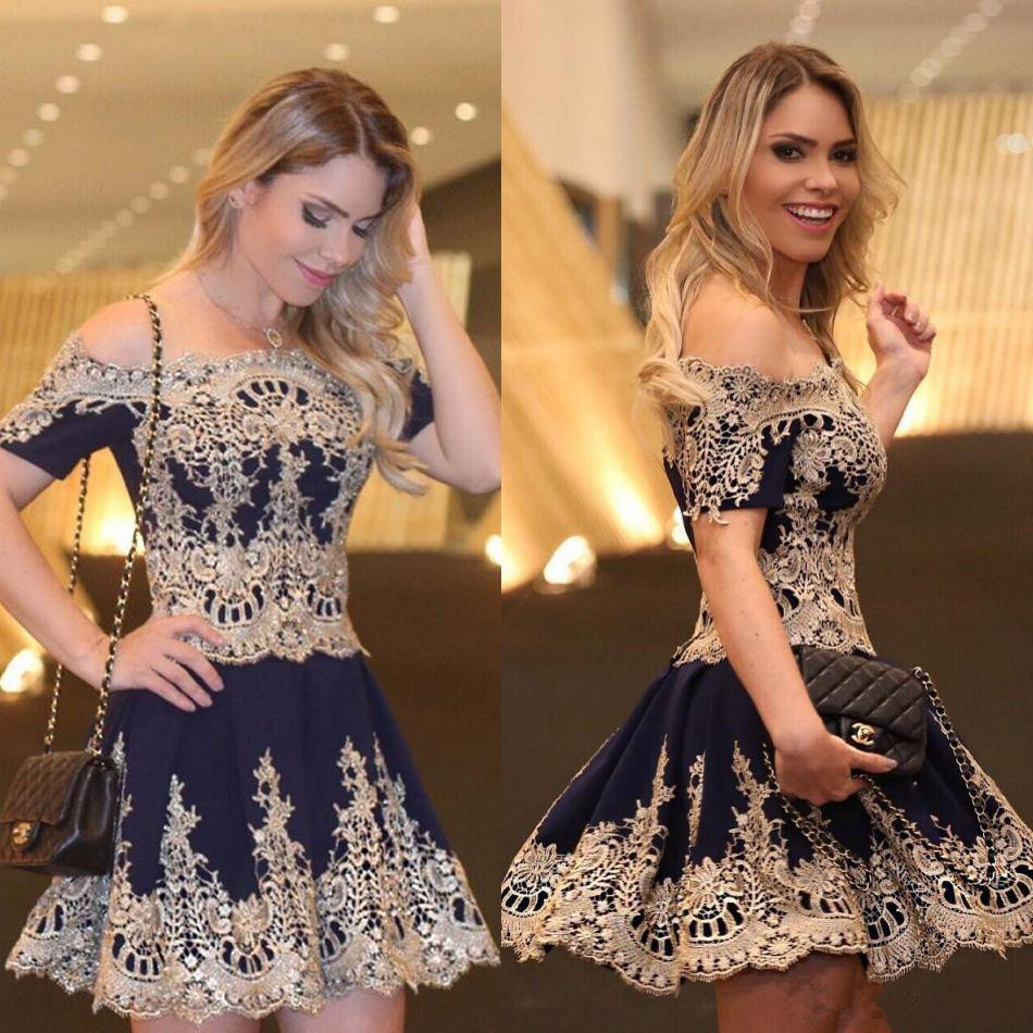 2021 Little Black New Sweet 16 Homecoming Dresses Off Shoulders Gold Lace Appliques Short Prom Dresses Vestido Formatura Curto Arabic Style-image-433759002