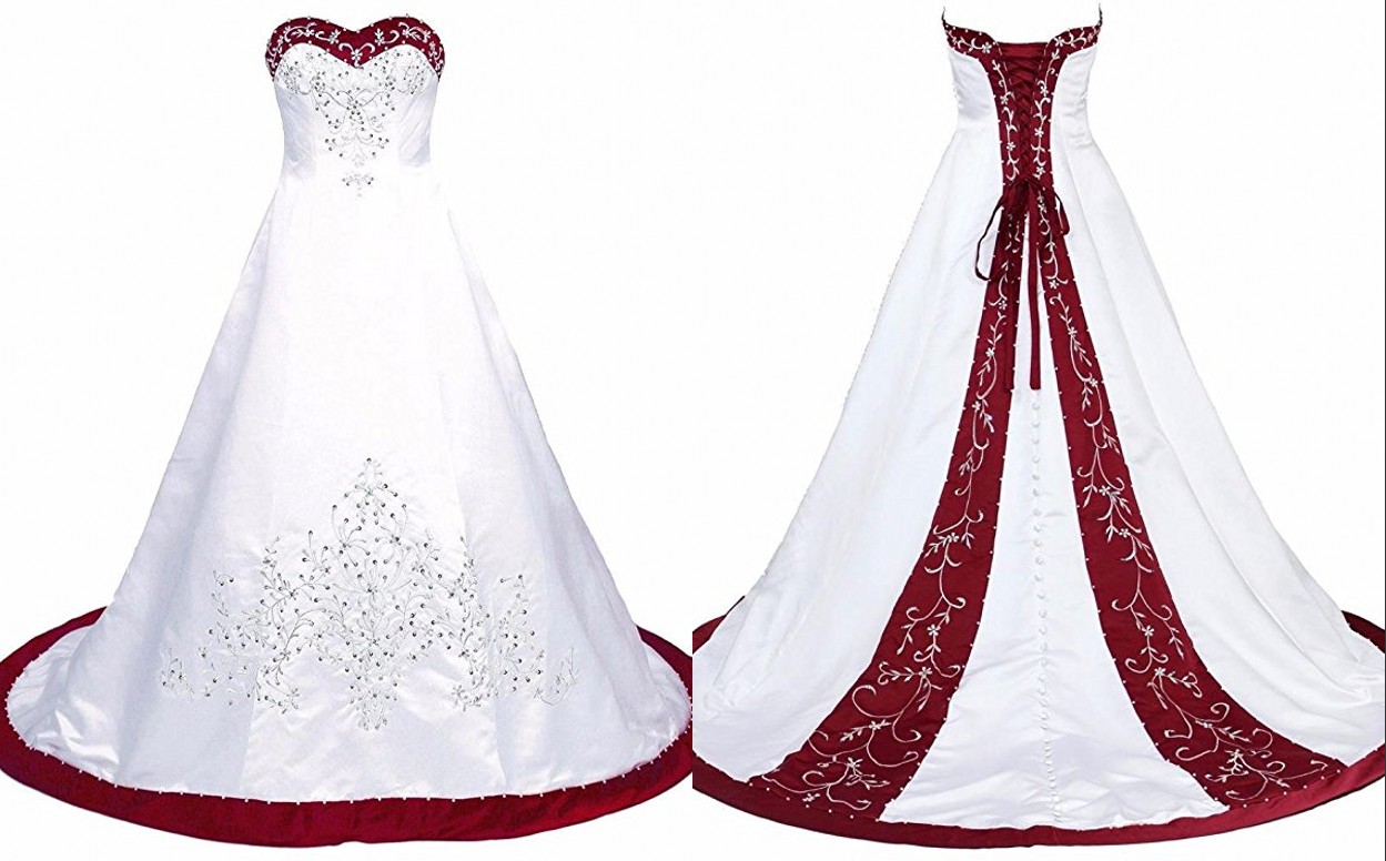 

Elegant Red And White Wedding Dress Embroidery Princess Satin A line Lace up Back Court Train Sequins Beaded Long Cheap Wedding Gowns