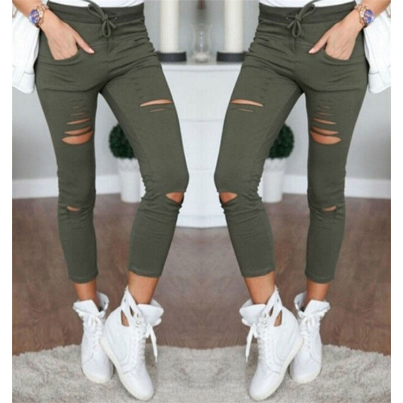 

New Casual Cropped Pencil Pants Women Skinny Leggings Female Ripped Holes Stretch Pencil Trousers Ankle-Length, Gray