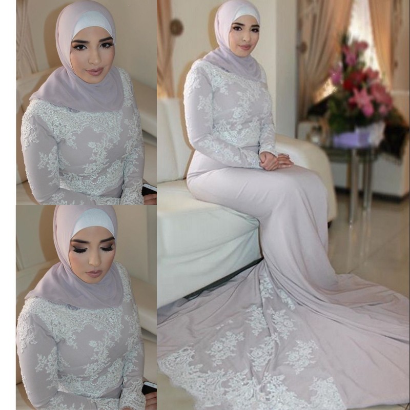 

Muslim Maid Of Honor Dresses Long Sleeves V-Neck Lace Appliques Mermaid Bridesmaids Dresses Glamorous Sweep Train Bridesmaid Dresses