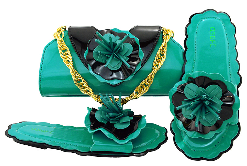 Jolies chaussures sarcelle à talons bas de 0.5CM, avec décoration florale, sandales africaines assorties à un sac à main, ensemble pour robe MM10