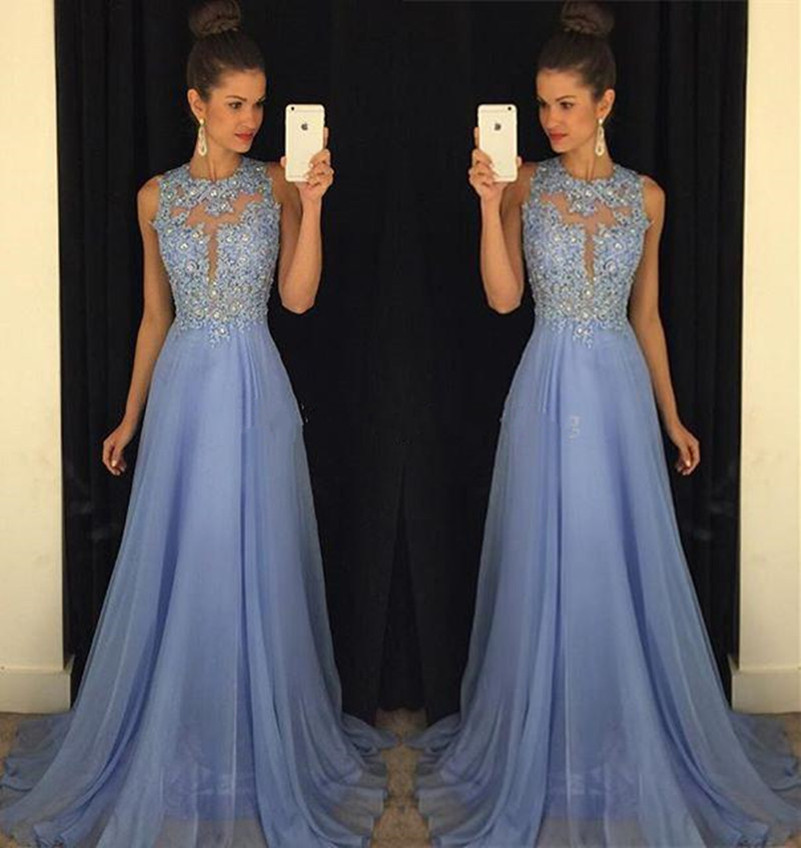 

2018 New Floor Length Lavender Chiffon Prom Dresses Modest Sheer Neck Appliques Cutaway Sides Long Homecoming Dresses Evening Gowns, Champagne