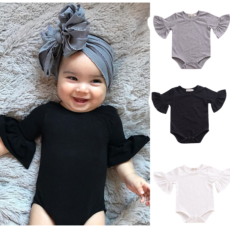 

Baby girls boys Flare Sleeve romper infant Ruffle Sleeves Jumpsuits Fashion Boutique kids Climbing clothes 3 colors C5453, As photo