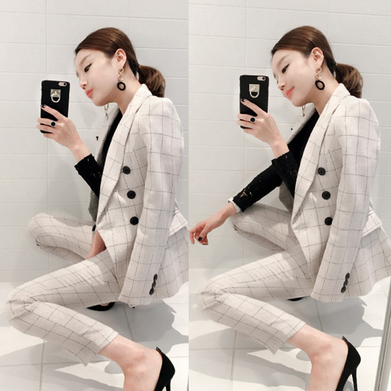 

Business Office Pants & Jackets 2 Pieces Women' Blazer 2018 Fall Vintage Fashion White Plaid Dresses Women' Set, Beige