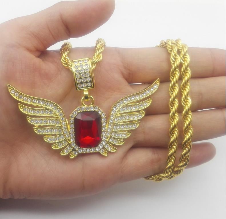 

top necklace gift God Angel Wings with Big Red Stone Pendant Necklace Men Women Iced Out Jewelry