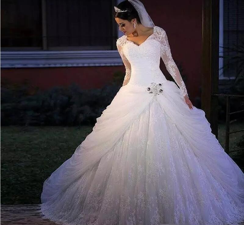 

Luxuriou Plus Size Full Lace Lace Ball Gown Wedding Dresses Bridal Gowns Appliques Crystals V-neck Bridal Gown Wedding Gowns, White