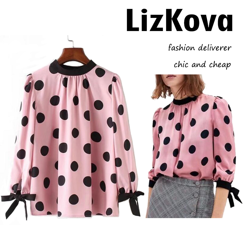 

Women Mock Neck Polka dot Blouse Back Button Down Shirt Half Sleeve Office Tops Shirt 2018 Korean Spring Summer Top, White