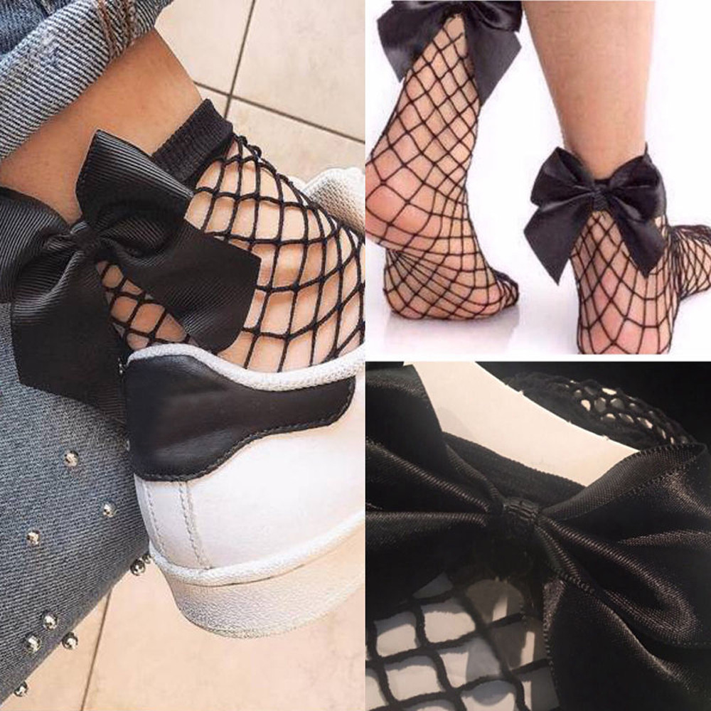 New 1 Pair Large Women Ruffle Fishnet Ankle High Socks Mesh Lace Fish Net Short Socks Bow Tie Lace Chaussettes #VD915